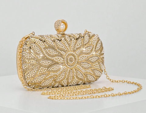 ESTELLA GOLD HARD CASE CLUTCH EVENING BAG WITH FLORAL DESIGN IN GOLD METAL RHINESTONE AND WHITE PEARLS AND PEARL BALL CLASP