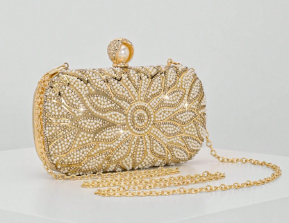 ESTELLA GOLD HARD CASE CLUTCH EVENING BAG WITH FLORAL DESIGN IN GOLD METAL RHINESTONE AND WHITE PEARLS AND PEARL BALL CLASP