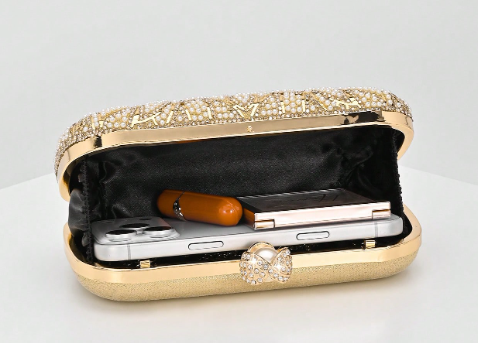 ESTELLA GOLD HARD CASE CLUTCH EVENING BAG WITH FLORAL DESIGN IN GOLD METAL RHINESTONE AND WHITE PEARLS AND PEARL BALL CLASP