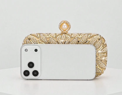 ESTELLA GOLD HARD CASE CLUTCH EVENING BAG WITH FLORAL DESIGN IN GOLD METAL RHINESTONE AND WHITE PEARLS AND PEARL BALL CLASP