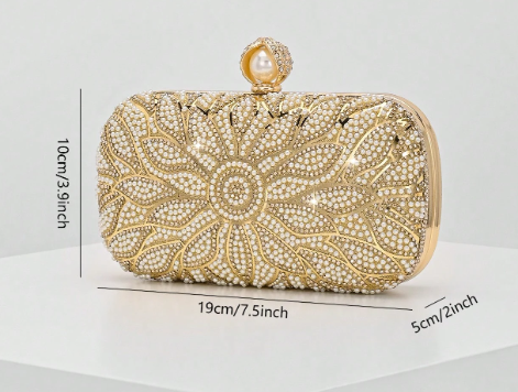 ESTELLA GOLD HARD CASE CLUTCH EVENING BAG WITH FLORAL DESIGN IN GOLD METAL RHINESTONE AND WHITE PEARLS AND PEARL BALL CLASP