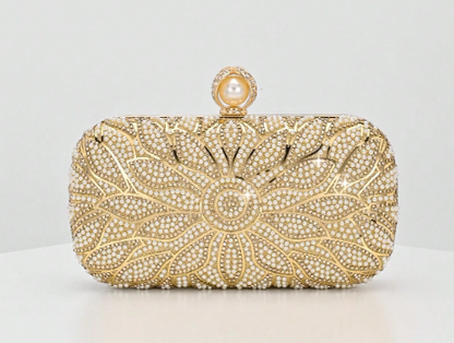 ESTELLA GOLD HARD CASE CLUTCH EVENING BAG WITH FLORAL DESIGN IN GOLD METAL RHINESTONE AND WHITE PEARLS AND PEARL BALL CLASP
