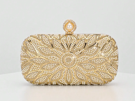 ESTELLA GOLD HARD CASE CLUTCH EVENING BAG WITH FLORAL DESIGN IN GOLD METAL RHINESTONE AND WHITE PEARLS AND PEARL BALL CLASP
