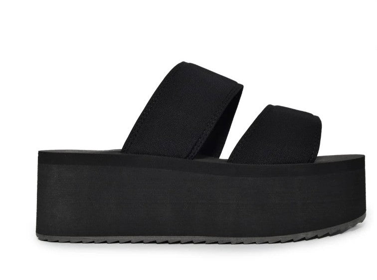 FELICIA-01 BLACK DOUBLE BAND VAMP PLATFORM FLATFORM ROUND OPEN TOE FOAM SANDAL