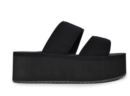 FELICIA-01 BLACK DOUBLE BAND VAMP PLATFORM FLATFORM ROUND OPEN TOE FOAM SANDAL