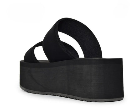 FELICIA-01 BLACK DOUBLE BAND VAMP PLATFORM FLATFORM ROUND OPEN TOE FOAM SANDAL