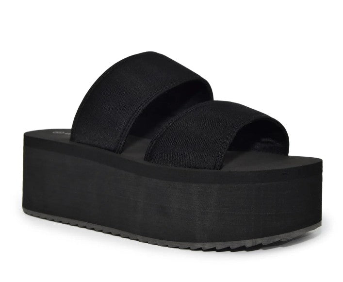 FELICIA-01 BLACK DOUBLE BAND VAMP PLATFORM FLATFORM ROUND OPEN TOE FOAM SANDAL