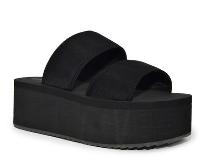 FELICIA-01 BLACK DOUBLE BAND VAMP PLATFORM FLATFORM ROUND OPEN TOE FOAM SANDAL