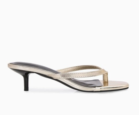 FLORELLA GOLD METALLIC SPLIT TOE KITTEN HEEL SLIP-ON MULE SANDALS