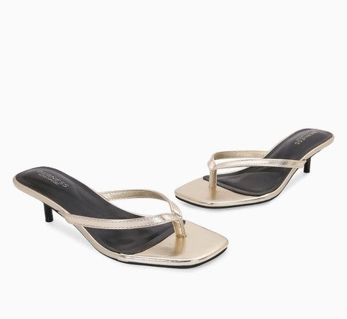 FLORELLA GOLD METALLIC SPLIT TOE KITTEN HEEL SLIP-ON MULE SANDALS