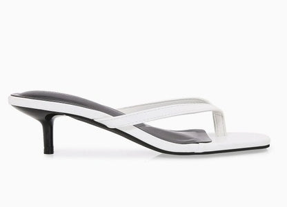 FLORELLA WHITE FAUX LEATHER SPLIT TOE KITTEN HEEL SLIP-ON MULE SANDALS