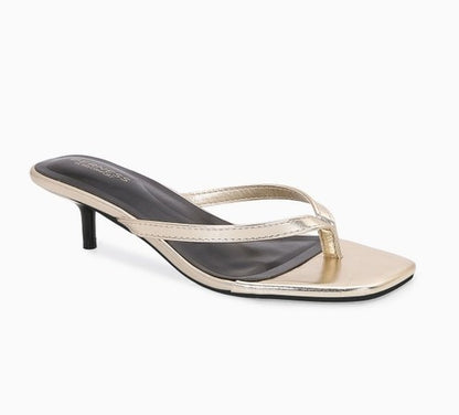 FLORELLA GOLD METALLIC SPLIT TOE KITTEN HEEL SLIP-ON MULE SANDALS