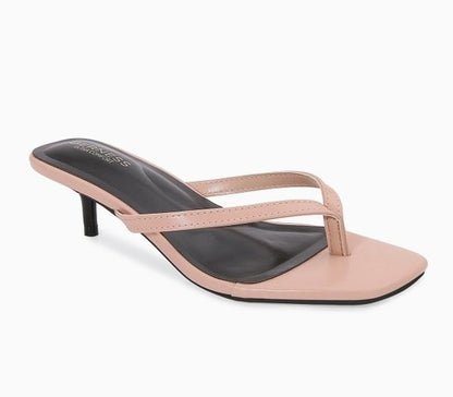 FLORELLA BEIGE PATENT LEATHER SPLIT TOE KITTEN HEEL SLIP -ON MULE SANDAL