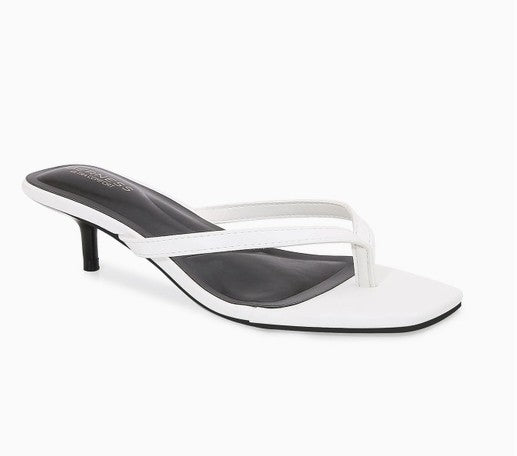 FLORELLA WHITE FAUX LEATHER SPLIT TOE KITTEN HEEL SLIP-ON MULE SANDALS