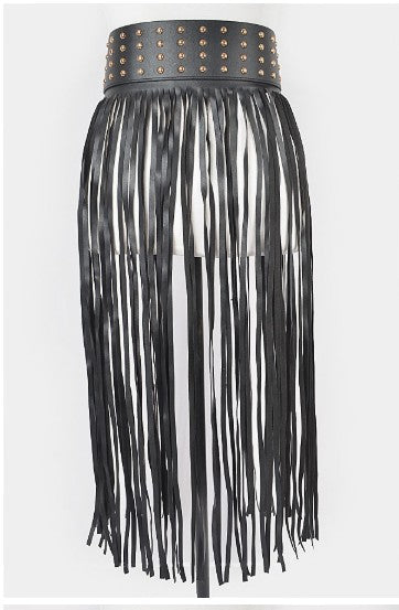 GET ALONG BLACK FAUX LEATHER FRINGE BELT WITH STUDS AND DOUBLE BUCKLE