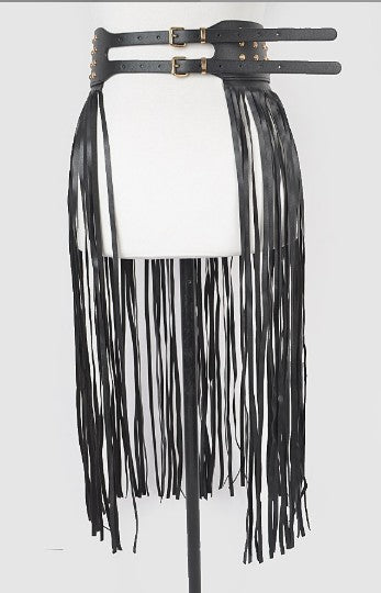 GET ALONG BLACK FAUX LEATHER FRINGE BELT WITH STUDS AND DOUBLE BUCKLE
