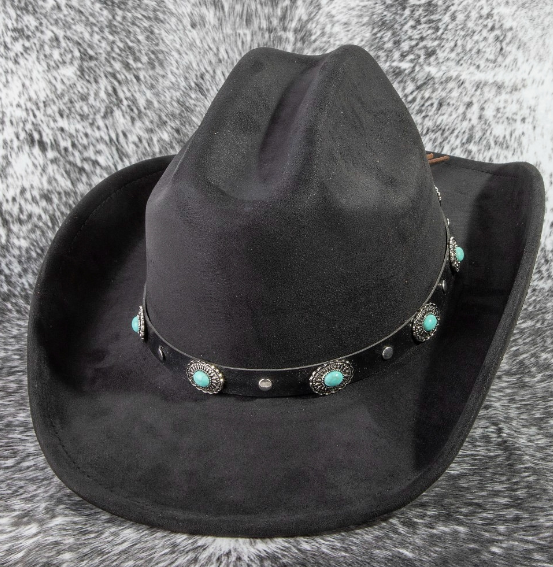 FRISCO BLACK FAUX SUEDE COWBOY HAT WITH FAUX LEATHER BAND EMBELISHED WITH ALTERNATING  SILVER STUDS AND CONCHO PIECES INSET WITH TURQUOISE STONES