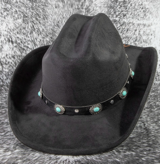 FRISCO BLACK FAUX SUEDE COWBOY HAT WITH FAUX LEATHER BAND EMBELISHED WITH ALTERNATING  SILVER STUDS AND CONCHO PIECES INSET WITH TURQUOISE STONES