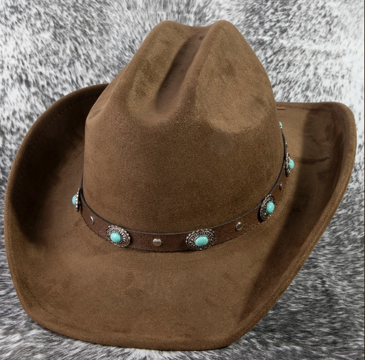 FRISCO BROWN FAUX SUEDE COWBOY HAT WITH FAUX LEATHER BAND EMBELISHED WITH ALTERNATING  SILVER STUDS AND CONCHO PIECES INSET WITH TURQUOISE STONES (Copy)
