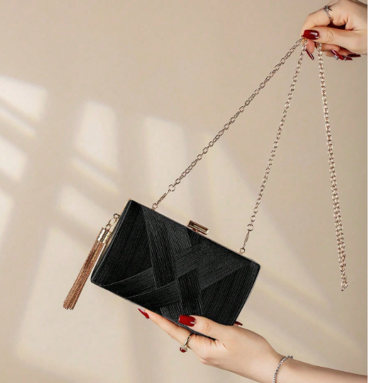 GABRIELLA BLACK FABRC PLEATED CRISSCROSS DESIGN HARD CASE EVENING BAG CLUTCH WITH GOLD TRIM AND SIDE TASSEL