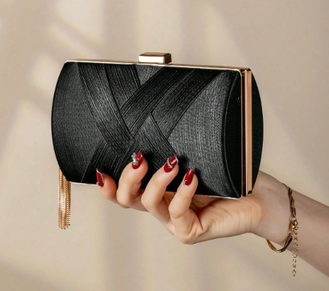 GABRIELLA BLACK FABRC PLEATED CRISSCROSS DESIGN HARD CASE EVENING BAG CLUTCH WITH GOLD TRIM AND SIDE TASSEL