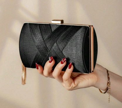 GABRIELLA BLACK FABRC PLEATED CRISSCROSS DESIGN HARD CASE EVENING BAG CLUTCH WITH GOLD TRIM AND SIDE TASSEL