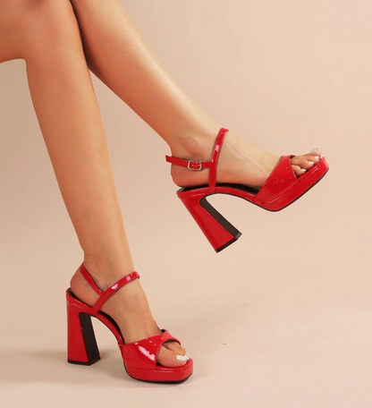GALA RED PATENT LEATHER PLATFORM CURVED VAMP STRAP WITH ANKLE STRAP AND BLOCK HEEL