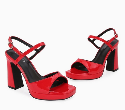 GALA RED PATENT LEATHER PLATFORM CURVED VAMP STRAP WITH ANKLE STRAP AND BLOCK HEEL