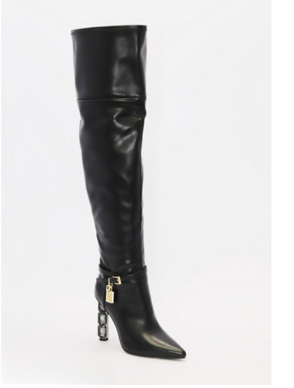 GEMMA-02 BLACK FAUX LEATHER STRETCH THIGH HIGH POINTY TOE BOOTS WITH RHINESTONE HEEL
