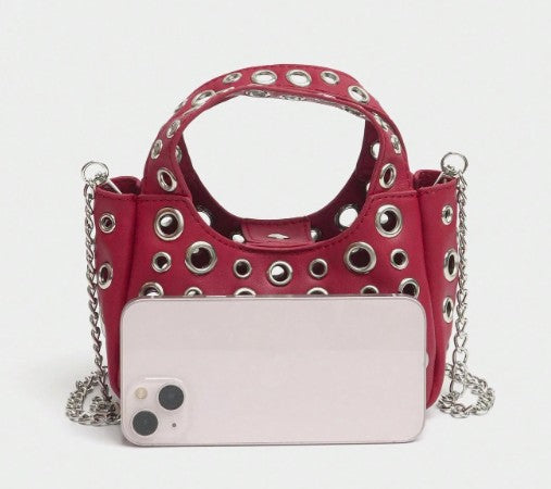 GWEN RED SMALL PURSE WITH PUNKY OPEN GROMMET DESIGN CARRY HANDLE AND CROSS BODY STRAP (Copy)