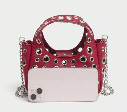 GWEN RED SMALL PURSE WITH PUNKY OPEN GROMMET DESIGN CARRY HANDLE AND CROSS BODY STRAP (Copy)
