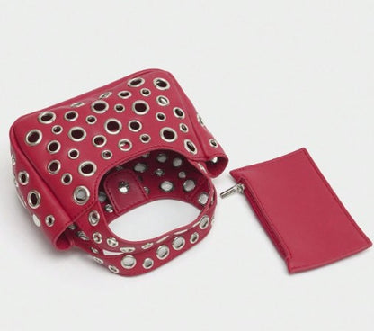 GWEN RED SMALL PURSE WITH PUNKY OPEN GROMMET DESIGN CARRY HANDLE AND CROSS BODY STRAP (Copy)