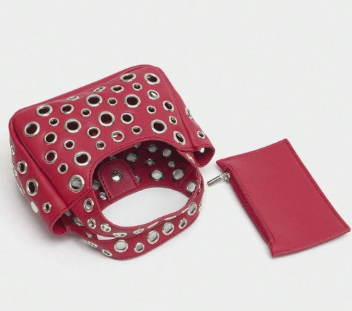 GWEN RED SMALL PURSE WITH PUNKY OPEN GROMMET DESIGN CARRY HANDLE AND CROSS BODY STRAP (Copy)