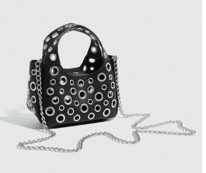 GWEN BLACK SMALL PURSE WITH PUNKY OPEN GROMMET DESIGN CARRY HANDLE AND CROSS BODY STRAP