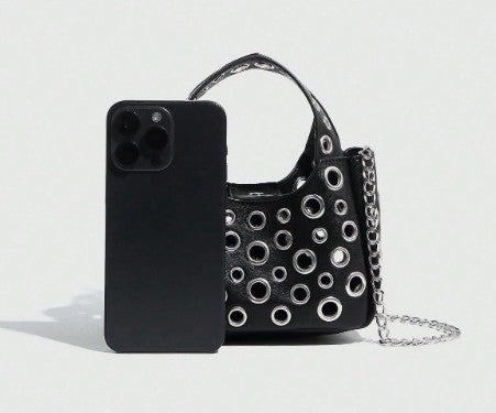 GWEN BLACK SMALL PURSE WITH PUNKY OPEN GROMMET DESIGN CARRY HANDLE AND CROSS BODY STRAP