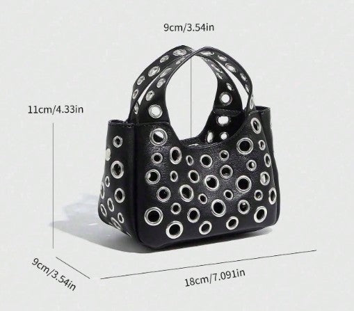 GWEN BLACK SMALL PURSE WITH PUNKY OPEN GROMMET DESIGN CARRY HANDLE AND CROSS BODY STRAP