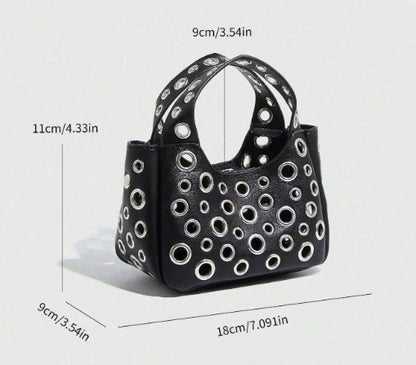 GWEN BLACK SMALL PURSE WITH PUNKY OPEN GROMMET DESIGN CARRY HANDLE AND CROSS BODY STRAP