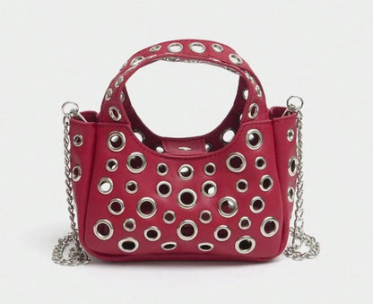 GWEN RED SMALL PURSE WITH PUNKY OPEN GROMMET DESIGN CARRY HANDLE AND CROSS BODY STRAP (Copy)