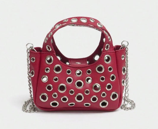 GWEN RED SMALL PURSE WITH PUNKY OPEN GROMMET DESIGN CARRY HANDLE AND CROSS BODY STRAP (Copy)