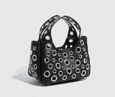 GWEN BLACK SMALL PURSE WITH PUNKY OPEN GROMMET DESIGN CARRY HANDLE AND CROSS BODY STRAP