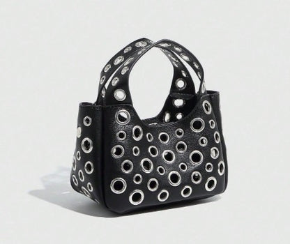 GWEN BLACK SMALL PURSE WITH PUNKY OPEN GROMMET DESIGN CARRY HANDLE AND CROSS BODY STRAP
