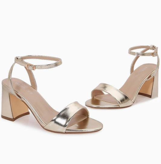 HANIA GOLD TRIANGULAR BLOCK HEEL SANDAL