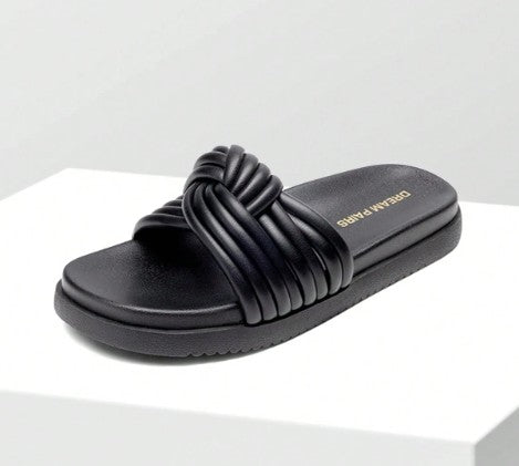 HEIDI BLACK FAUX LEATHER LIFTED SLIP ON FLAT FLATFORM KNOT DESIGN SLIPPER SANDAL