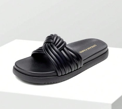 HEIDI BLACK FAUX LEATHER LIFTED SLIP ON FLAT FLATFORM KNOT DESIGN SLIPPER SANDAL