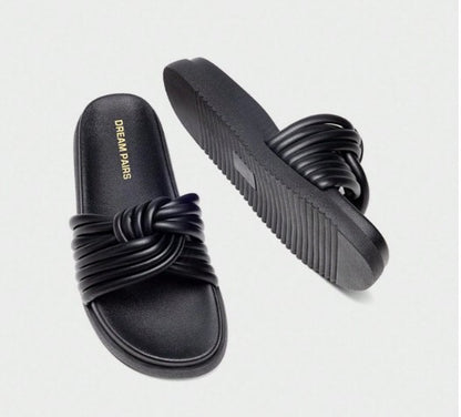 HEIDI BLACK FAUX LEATHER LIFTED SLIP ON FLAT FLATFORM KNOT DESIGN SLIPPER SANDAL