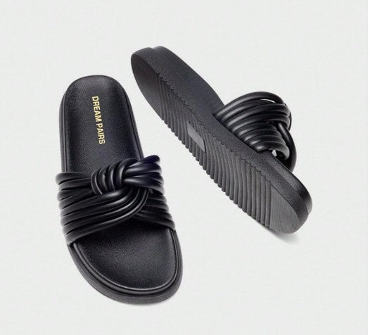HEIDI BLACK FAUX LEATHER LIFTED SLIP ON FLAT FLATFORM KNOT DESIGN SLIPPER SANDAL