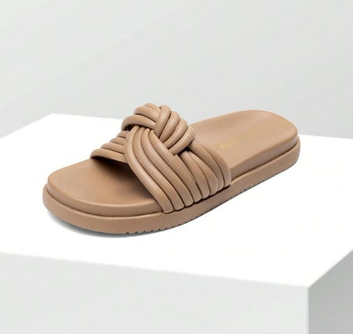 HEIDI TAUPE FAUX LEATHER LIFTED SLIP ON FLAT FLATFORM KNOT DESIGN SLIPPER SANDAL