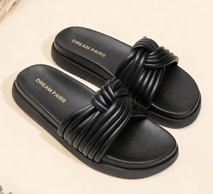 HEIDI BLACK FAUX LEATHER LIFTED SLIP ON FLAT FLATFORM KNOT DESIGN SLIPPER SANDAL