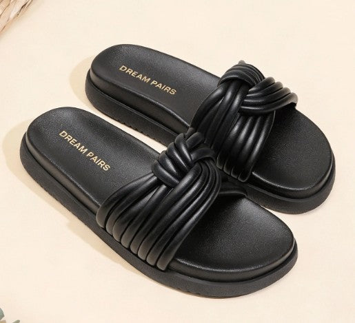 HEIDI BLACK FAUX LEATHER LIFTED SLIP ON FLAT FLATFORM KNOT DESIGN SLIPPER SANDAL