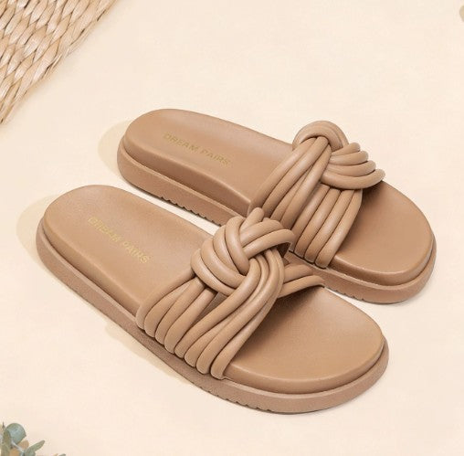 HEIDI TAUPE FAUX LEATHER LIFTED SLIP ON FLAT FLATFORM KNOT DESIGN SLIPPER SANDAL